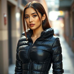 A gorgeous girl in a tight, shiny black puffer corset that perfectly contours her figure