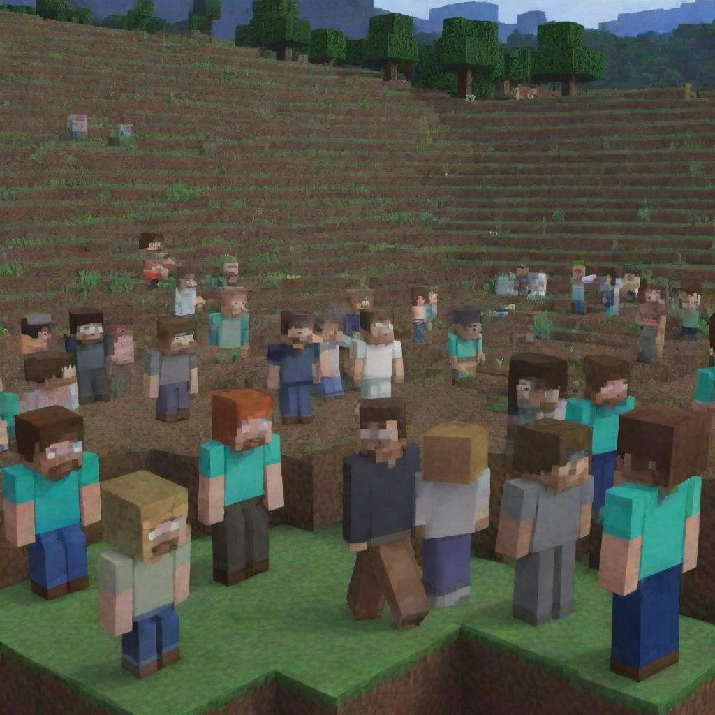 Alter the Minecraft scene to capture a moment of profound sadness: upon hearing the news of Steve's passing, the villagers are shown in a state of mourning, tears streaming down their pixelated faces.