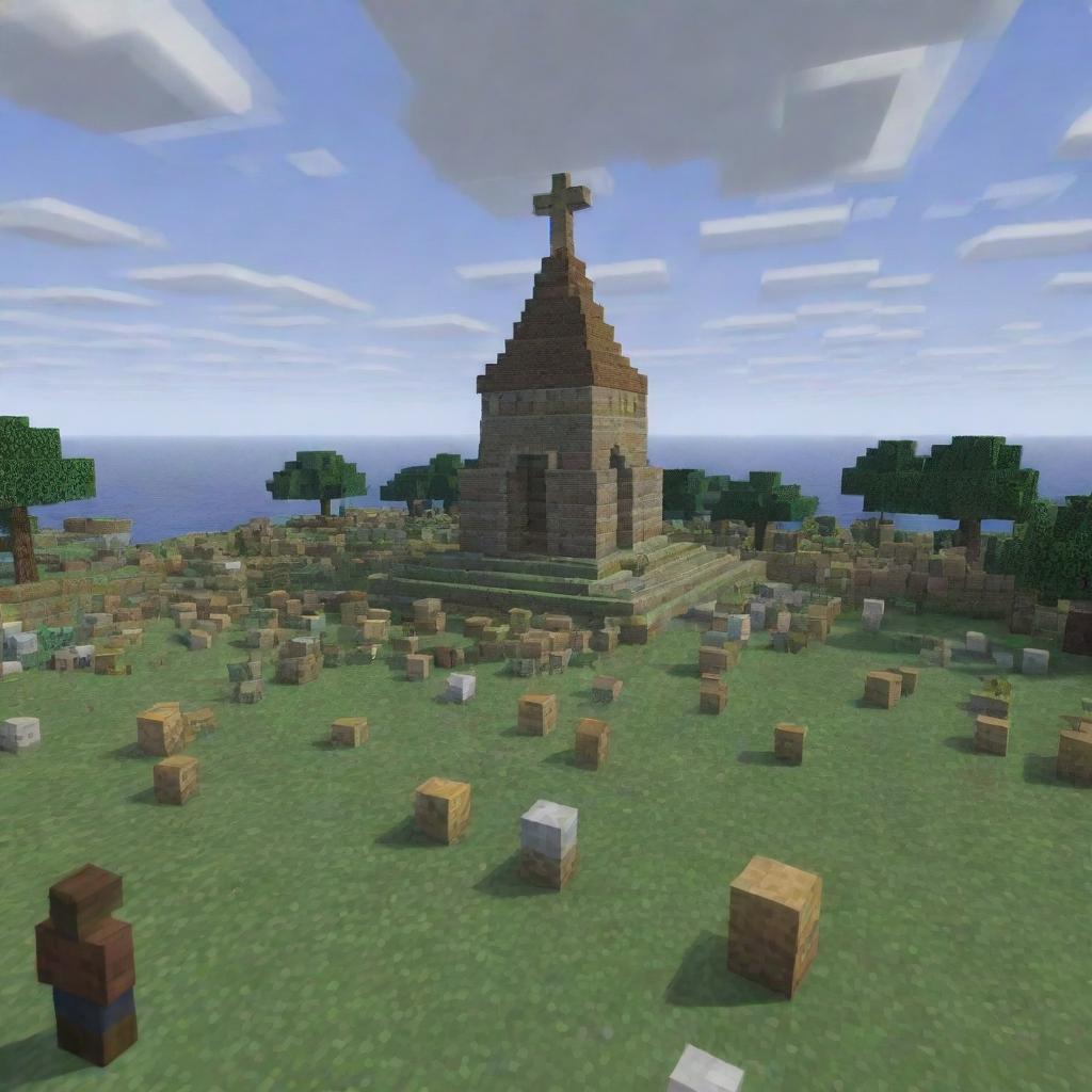 Depict a poignant Minecraft scene: Villagers gathered for Steve's funeral, his tomb made of pixelated blocks under a serene, overcast sky. The image exudes a sense of solemn and heartfelt farewell.