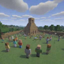 Depict a poignant Minecraft scene: Villagers gathered for Steve's funeral, his tomb made of pixelated blocks under a serene, overcast sky. The image exudes a sense of solemn and heartfelt farewell.