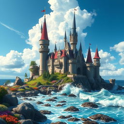 A magical castle by the ocean, featuring tall spires and intricate architecture