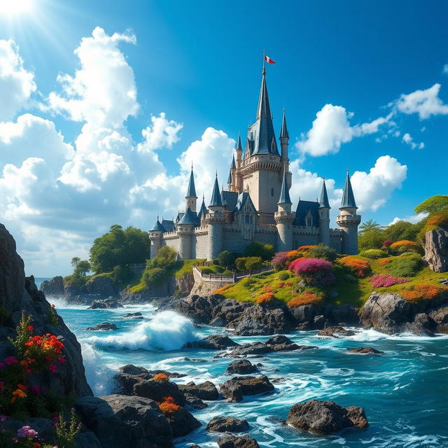 A magical castle by the ocean, featuring tall spires and intricate architecture