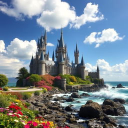 A magical castle by the ocean, featuring tall spires and intricate architecture