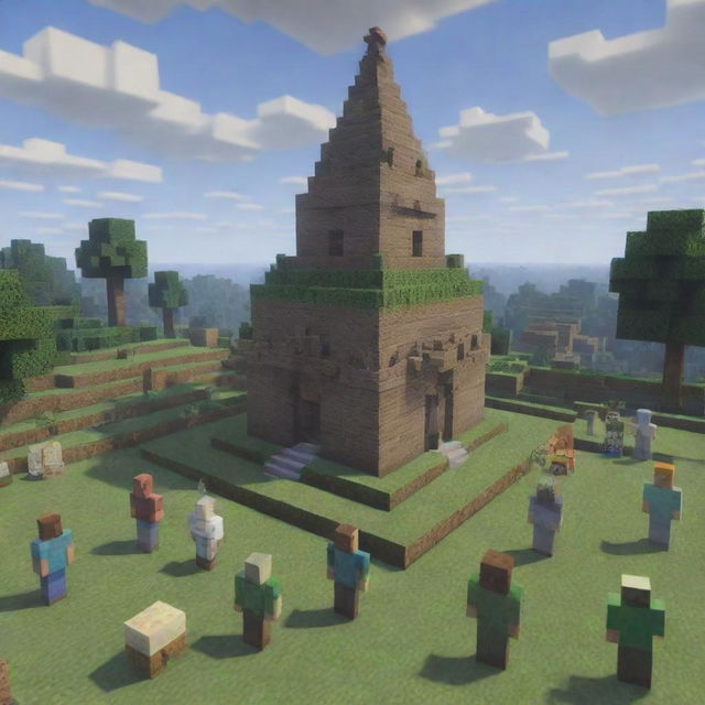 Depict a poignant Minecraft scene: Villagers gathered for Steve's funeral, his tomb made of pixelated blocks under a serene, overcast sky. The image exudes a sense of solemn and heartfelt farewell.