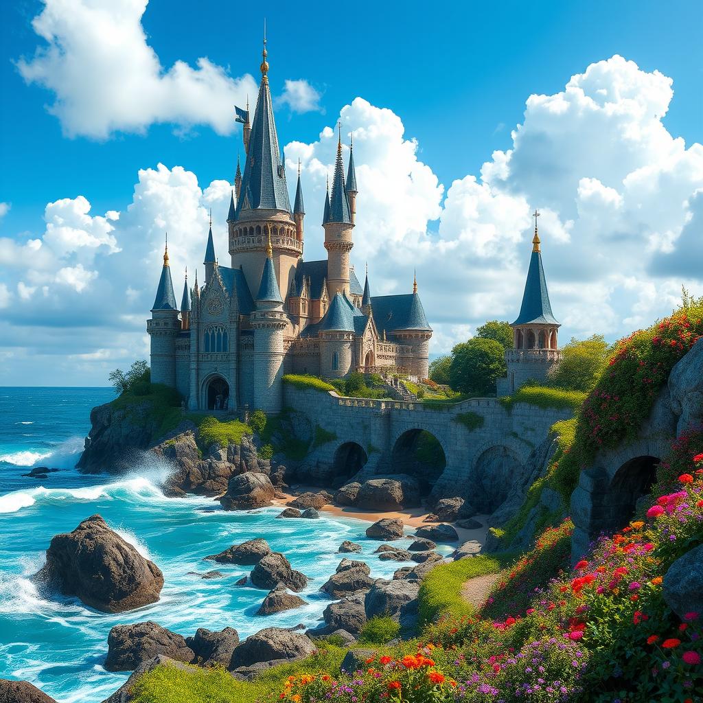 A magical castle by the ocean, featuring tall spires and intricate architecture