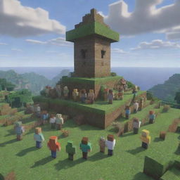 Depict a poignant Minecraft scene: Villagers gathered for Steve's funeral, his tomb made of pixelated blocks under a serene, overcast sky. The image exudes a sense of solemn and heartfelt farewell.