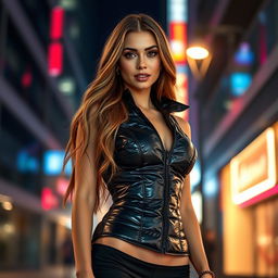 A hot girl dressed in a tight, shiny black puffer corset that perfectly accentuates her figure