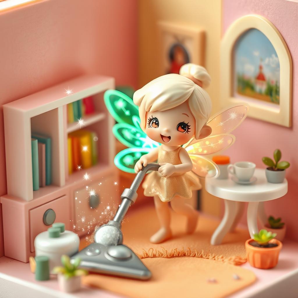 A miniature character, resembling a cute fairy, engaged in cleaning activities around a small, colorful room