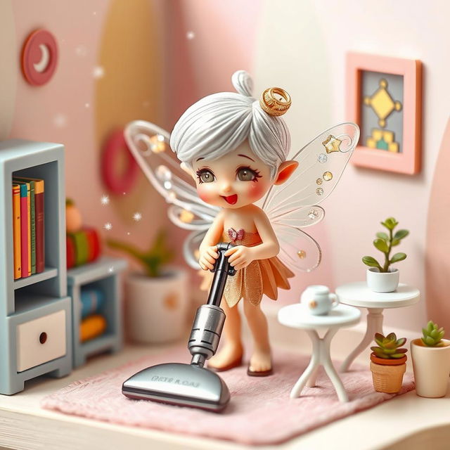 A miniature character, resembling a cute fairy, engaged in cleaning activities around a small, colorful room