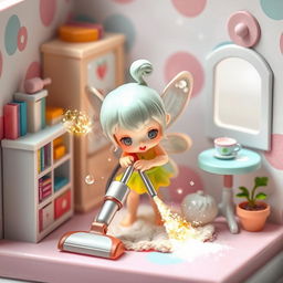 A miniature character, resembling a cute fairy, engaged in cleaning activities around a small, colorful room