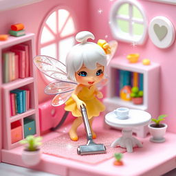 A miniature character, resembling a cute fairy, engaged in cleaning activities around a small, colorful room
