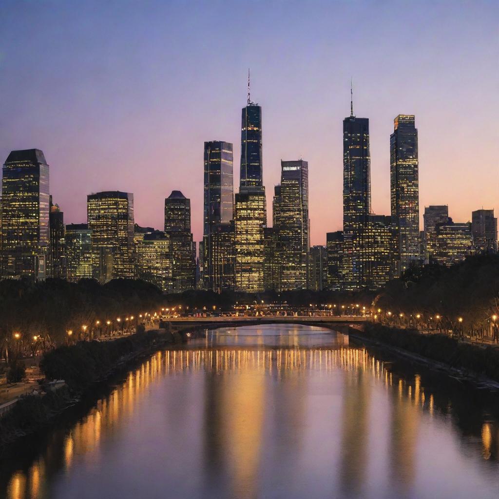 A bustling cityscape during twilight with a multitude of skyscrapers and lights reflecting off a calm city river.