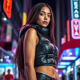 A captivating girl dressed in a tight, shiny black puffer corset that accentuates her silhouette