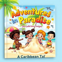 A vibrant and colorful children's book cover featuring a tropical Caribbean beach scene