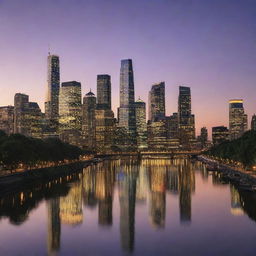 A bustling cityscape during twilight with a multitude of skyscrapers and lights reflecting off a calm city river.