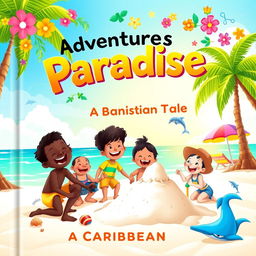 A vibrant and colorful children's book cover featuring a tropical Caribbean beach scene