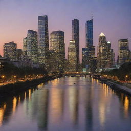 A bustling cityscape during twilight with a multitude of skyscrapers and lights reflecting off a calm city river.