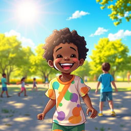 A vibrant digital illustration of an African American boy joyfully playing in a sunny park in America
