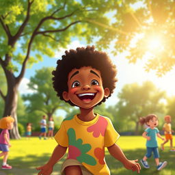 A vibrant digital illustration of an African American boy joyfully playing in a sunny park in America