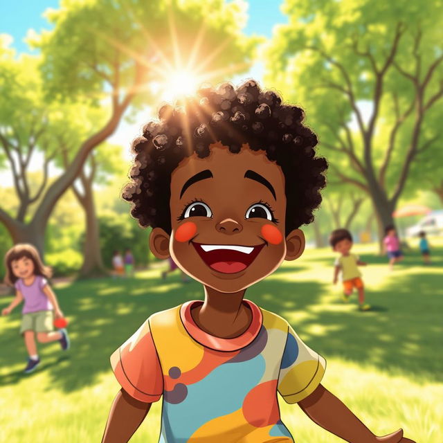 A vibrant digital illustration of an African American boy joyfully playing in a sunny park in America