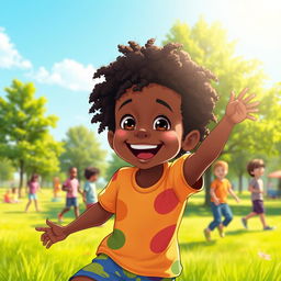 A vibrant digital illustration of an African American boy joyfully playing in a sunny park in America