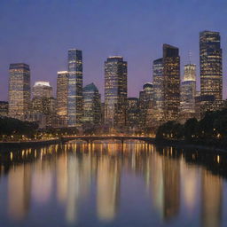 A bustling cityscape during twilight with a multitude of skyscrapers and lights reflecting off a calm city river.