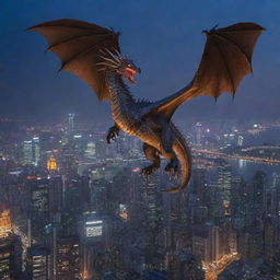 The same cityscape at twilight, now with a majestic dragon soaring through the sky, its scales glistening against the city lights