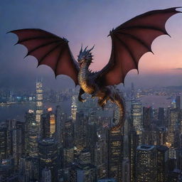 The same cityscape at twilight, now with a majestic dragon soaring through the sky, its scales glistening against the city lights