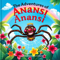 A vibrant children's book cover featuring Anansi the Spider from Caribbean folklore, depicted as a clever, anthropomorphic spider with a joyful expression and colorful patterns on his body
