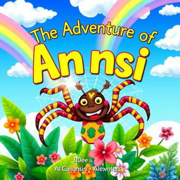 A vibrant children's book cover featuring Anansi the Spider from Caribbean folklore, depicted as a clever, anthropomorphic spider with a joyful expression and colorful patterns on his body