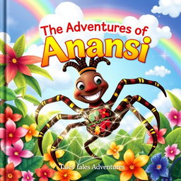 A vibrant children's book cover featuring Anansi the Spider from Caribbean folklore, depicted as a clever, anthropomorphic spider with a joyful expression and colorful patterns on his body