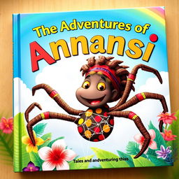 A vibrant children's book cover featuring Anansi the Spider from Caribbean folklore, depicted as a clever, anthropomorphic spider with a joyful expression and colorful patterns on his body