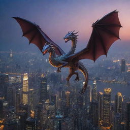 The same cityscape at twilight, now with a majestic dragon soaring through the sky, its scales glistening against the city lights