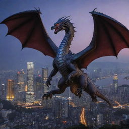 The same cityscape at twilight, now with a majestic dragon soaring through the sky, its scales glistening against the city lights