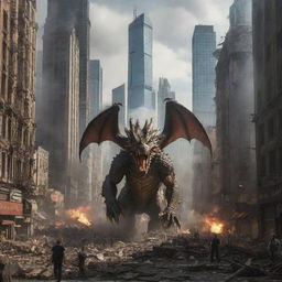 The once bustling cityscape in chaos as a dragon wreaks havoc, skyscrapers crumbling, and citizens running in panic.