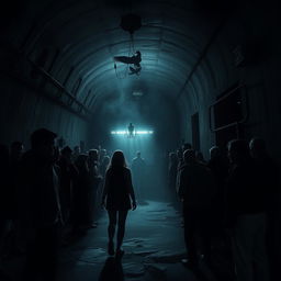An ominous narrative unfolds within a dark and mysterious underground shelter where terrified people gather