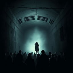 An ominous narrative unfolds within a dark and mysterious underground shelter where terrified people gather
