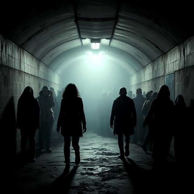 An ominous narrative unfolds within a dark and mysterious underground shelter where terrified people gather