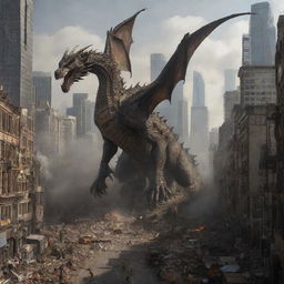 The once bustling cityscape in chaos as a dragon wreaks havoc, skyscrapers crumbling, and citizens running in panic.