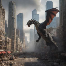 The once bustling cityscape in chaos as a dragon wreaks havoc, skyscrapers crumbling, and citizens running in panic.