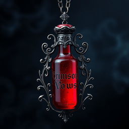 A breathtaking blood vial necklace showcasing intricate gothic designs that elegantly encase the dark ruby red vial
