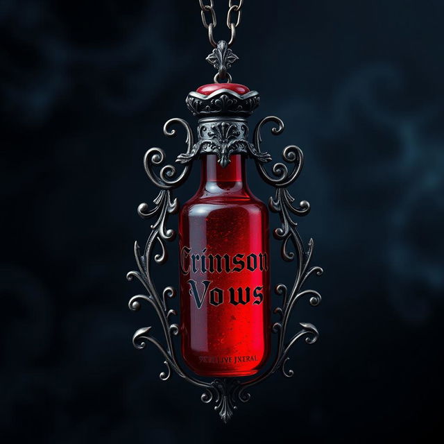 A breathtaking blood vial necklace showcasing intricate gothic designs that elegantly encase the dark ruby red vial