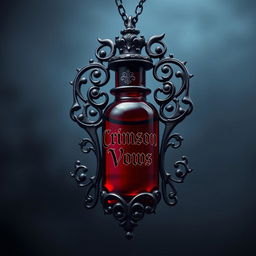 A breathtaking blood vial necklace showcasing intricate gothic designs that elegantly encase the dark ruby red vial