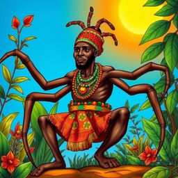 Anansi the Spider depicted as a man, in a vibrant, colorful African drawing style, showcasing traditional attire inspired by West African cultures