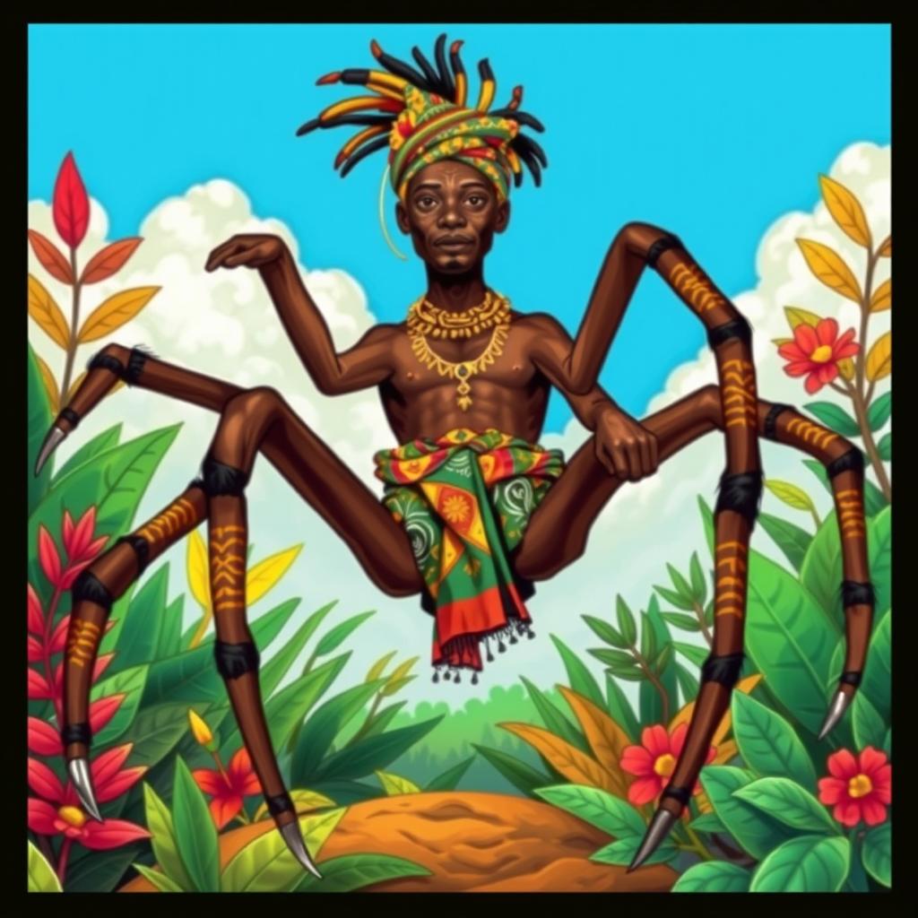 Anansi the Spider depicted as a man, in a vibrant, colorful African drawing style, showcasing traditional attire inspired by West African cultures