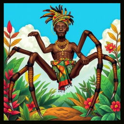 Anansi the Spider depicted as a man, in a vibrant, colorful African drawing style, showcasing traditional attire inspired by West African cultures