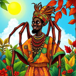 Anansi the Spider depicted as a man, in a vibrant, colorful African drawing style, showcasing traditional attire inspired by West African cultures