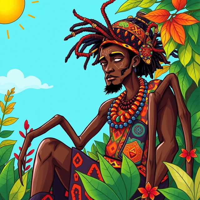 Anansi the Spider depicted as a man, in a vibrant, colorful African drawing style, showcasing traditional attire inspired by West African cultures