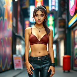 A beautiful Thai girl, aged 18, standing confidently in a vibrant urban setting