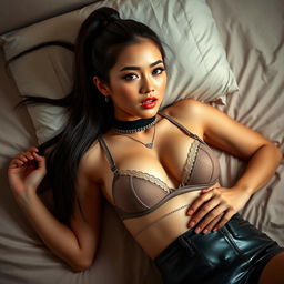 A beautiful Thai girl, 18 years old, with long hair styled in a sleek ponytail